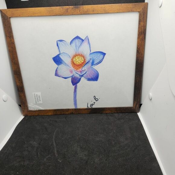 Hand Crafted Original Blue Floral Art   Framed Colored Pencil Drawing 12x10 - Picture 2 of 9